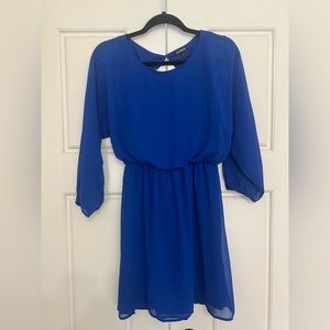 EXPRESS Solid Blue, Long-Sleeve Dress with Keyhole Back and Cinched Waist